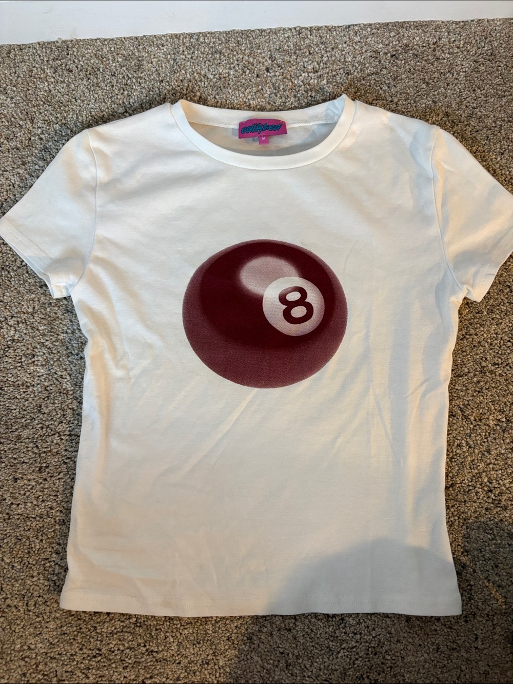Edikted White Short Sleeve Tee with Maroon 8-Ball Graphic
